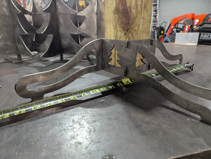 Metal Base Brackets for the Christmas Stocking Stand assembled with tape measure showing width of base assembled.